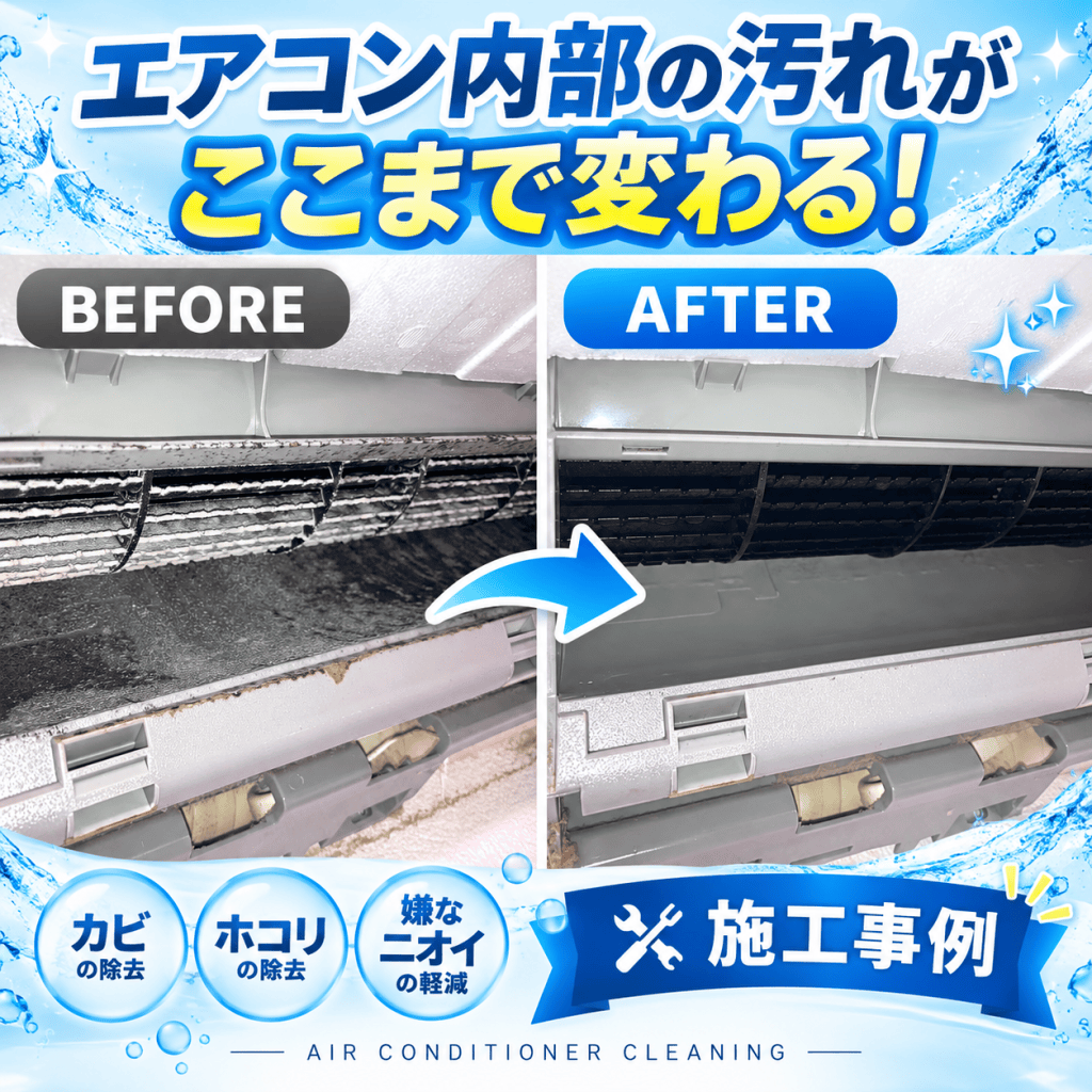 【練馬区東大泉】エアコンクリーニング｜吹き出し口内部の黒い汚れを洗浄